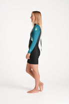 Beth wearing a black and teal spring wetsuit on a white background