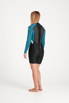 Beth wearing a black and teal spring wetsuit on a white background