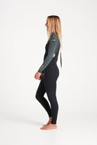 Beth wearing a black and forest green wetsuit on a white background